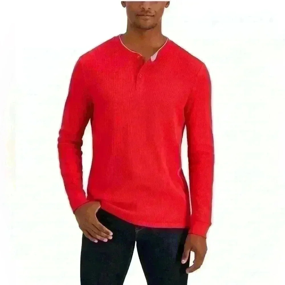 New Club Room Men's Fire Thermal Henley Shirt Size L Crewneck Three Buttom